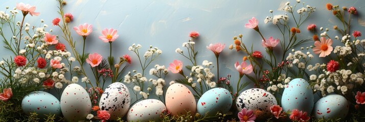 Wall Mural - Vibrant Easter Composition with Eggs and Flowers on Light Background Generative AI