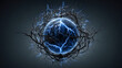 © Kevin - a dramatic digital artwork featuring an electrified globe ensnared by a chaotic nest of dark branches, with intense blue lightning crackling across and around it, set against a muted gray background