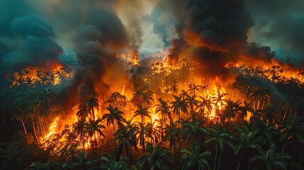 Wall Mural - Unrestrained deforestation of pristine forests through fire and logging exacerbates environmental degradation, fueling climate change and intensifying global warming trends..stock image