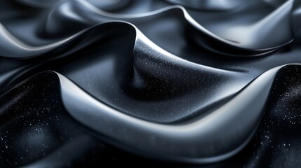 Wall Mural - Close-up of a black shiny abstract surface with flowing curves and specks of light