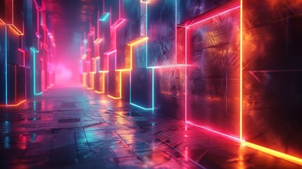 Wall Mural - Futuristic neon corridor with glowing lights and reflective surfaces