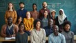 © Baramee - A joyful group portrait of a diverse group of students and teachers in a classroom.The background features a chalkboard and colorful student artwork