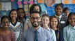 © Baramee - A joyful group portrait of a diverse group of students and teachers in a classroom.The background features a chalkboard and colorful student artwork