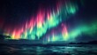 © DARIKA - Astronomy Background, Northern lights creating a colorful curtain in the sky with vibrant green, pink, and purple hues illuminating the night, perfect for nature-themed content. Illustration image,