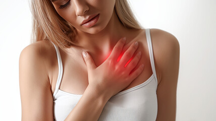 concept image showing a woman's neck pain or chest pain. on a white background