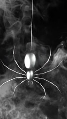 Wall Mural - vertical metallic spider swinging on web with smoke 4k loop features a metallic spider swinging from
