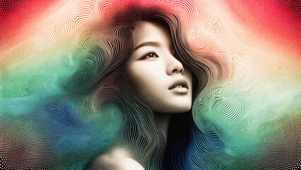 Wall Mural - A stunning portrait of a woman, blending realistic features with abstract, colourful lines and dots, creating a mesmerizing, textured, and vibrant artistic piece.