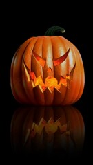 Wall Mural - vertical pumpkin with flames on reflective black 4k features a jack o lantern with flames inside and