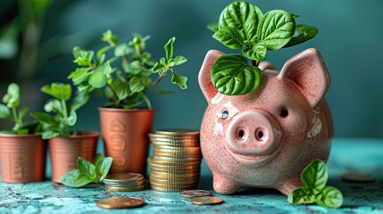 Wall Mural - pink pig piggy bank next to a stack of gold coins and a green plant growing isolated on blue background investment success savings concept .stock image