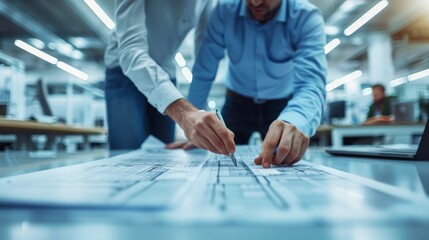 Wall Mural - Two individuals working together on a laptop in an industrial factory setting