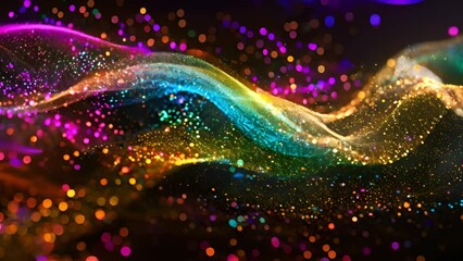 Fototapete - Colorful particle waves swirl gracefully against a dark background, creating a vivid and dynamic visual effect with a sense of motion and energy.