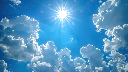 Wall Mural - blue sky and white morning clouds on a clear day in heaven with a radiant sun and its early rays.stock image