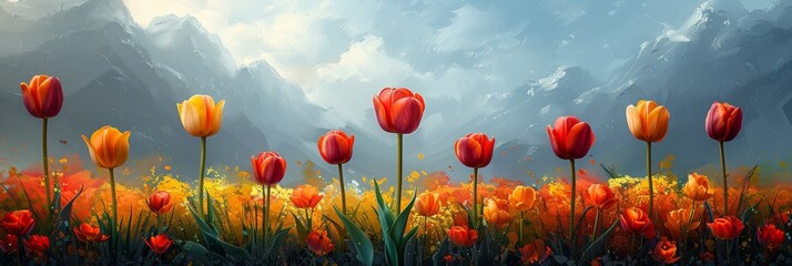 Wall Mural - Vibrant Tulips Under Blue Sky Generative AI