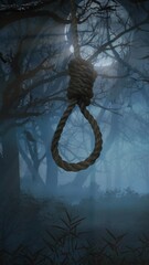 Wall Mural - vertical noose swinging in a haunted forest 4k loop features a noose hanging from a tree moving in t