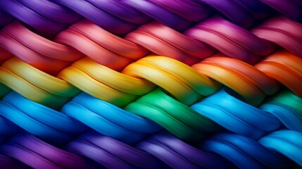 Rainbowcolored braided cord, symbol of connection, selective focus, theme of unity, realistic, Fusion, backdrop of dim background