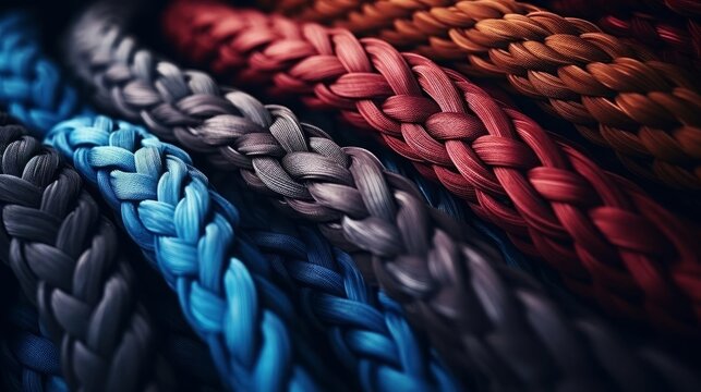 Braided ropes in various colors, strength in unity, selective focus, theme of solidarity, whimsical, Manipulation, backdrop of dark hues