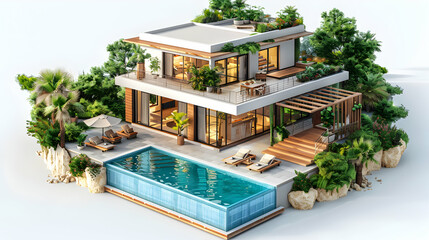 Wall Mural - Luxury Home Exterior with Pool Concept: High End Features in Cartoon Style