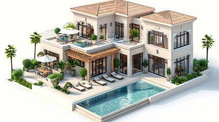 Wall Mural - Luxury Home Exterior with Pool: High End Features in a Cartoon Style