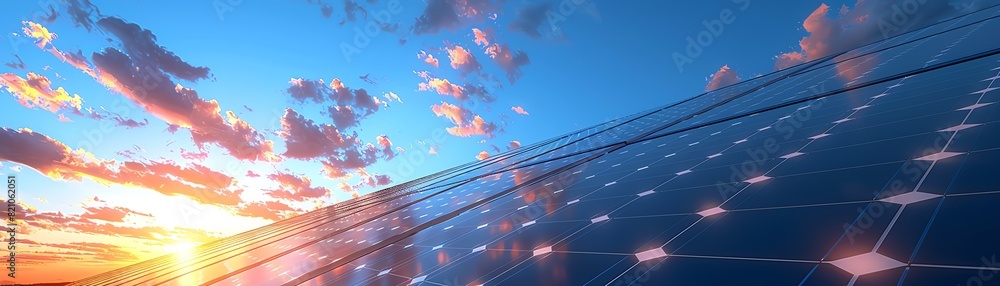 High resolution 4K solar farm with vast arrays of panels under a bright ...