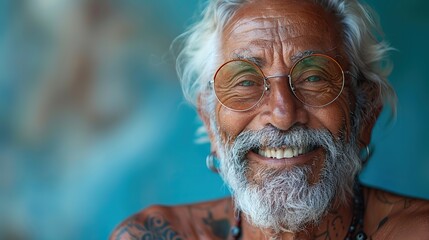 Wall Mural - A vibrant and content elderly hipster with a muscular physique, infectious smile adorned with tattoos, exudes a positive outlook while unwinding against a deep blue backdrop.stock image