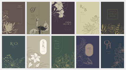 Set of floral invitation save the date card with detailed various flowers. Luxury vintage botanic template layout design, brochure or cover