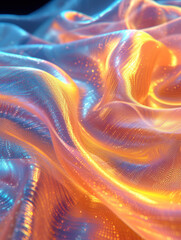 Poster - Metallic 3D abstract silk cloth 3D futuristic cyberpunk hyper realism detailed isolated colorful reflective holographic flow silk gold iridescence glowing background.