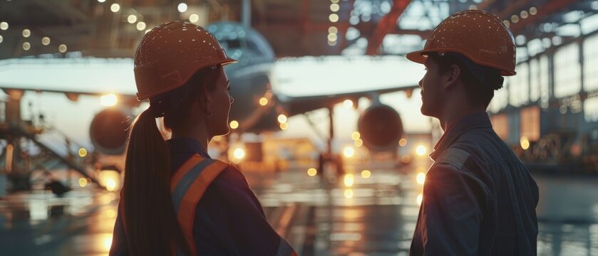 Two engineers in hard hats looking at an airplane in a hangar. aircraft, maintenance, service