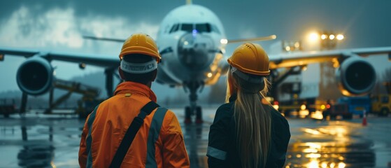 Wall Mural - Two engineers in hard hats looking at an airplane in a hangar. aircraft, maintenance, service