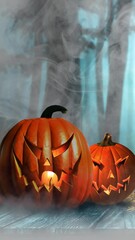 Wall Mural - vertical pumpkins on the boardwalk in the mist 4k features jack-o-lanterns and candles on a wooden w