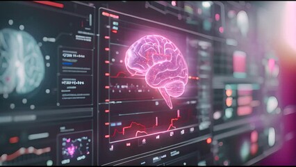 Leinwandbilder - An animated HUD displayed with futuristic medicine and health technology infographics. Medical data is analyzed by artificial intelligence on holographic displays.