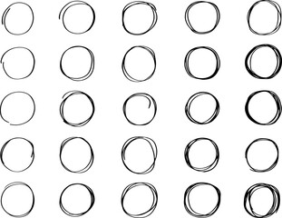 Pixel perfect icon set of hand drawn handdrawn circle round shapes by black pencil pen. Thin line icons flat vector illustrations isolated on white transparent background