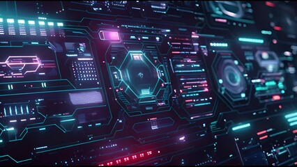Fototapete - Future-oriented user interface design. High-tech screen for a video game. Sci-fi concept design. Callouts. Modern banner. Hologram overlay. Neon hologram background.