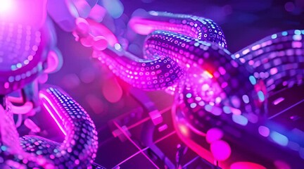 Vivid digital tentacles with binary numbers overlaid in a glowing neon environment, depicting futuristic technology concepts.