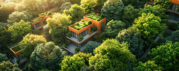 Wall Mural - Futuristic apartment houses standing in natural park. Sustainable lifestyle concept.