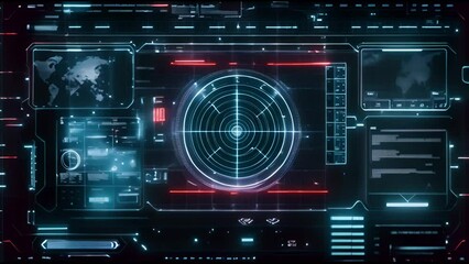 Poster - A sonar radar screen searching for an object with a futuristic head-up display (HUD UI) interface screen and abstract background Alpha channel included.