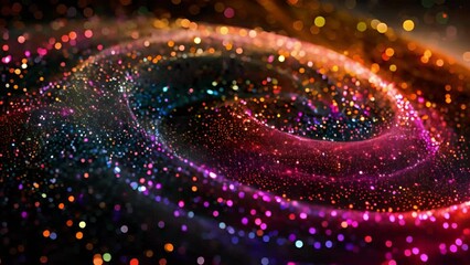 Fototapete - A mesmerizing swirl of colorful glitter particles creates a galaxy-like effect against a dark background, showcasing a stunning, vibrant light display.