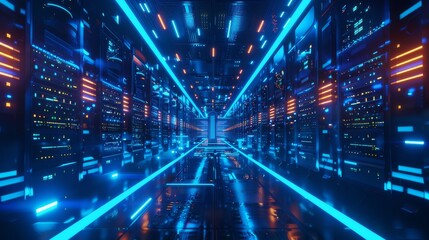 Wall Mural - 3d style of data center with glowing blue lights in a server room interior, hi-tech concept for clou