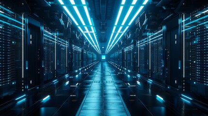 Wall Mural - 3d style of data center with glowing blue lights in a server room interior, hi-tech concept for clou