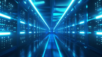Wall Mural - 3d style of data center with glowing blue lights in a server room interior, hi-tech concept for clou