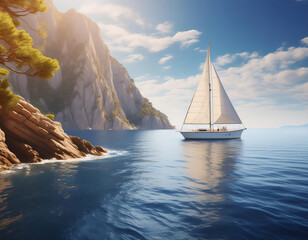 Wall Mural - picturesque scene of sailboat floating on rippling sea water near rocky cliff against blue sky with clouds