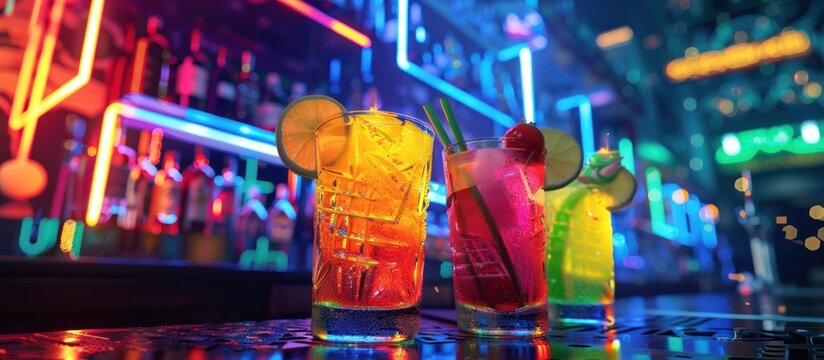 futuristic colorful neon glowing cyberpunk bar with cocktails on the table. generative ai image