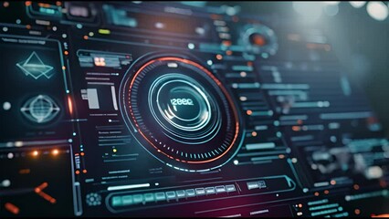 Aufkleber - The motion graphic shows an abstract background with futuristic elements such as a graph and a chat panel from a blue head-up display technology interface screen (HUD UI).