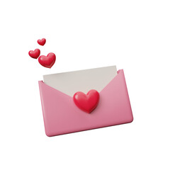 Pink mail envelope icon with flying hearts. Romantic love letter for Valentine's day concept. Love letter red heart origami on pink envelope isolated on transparent background. 3d render illustration