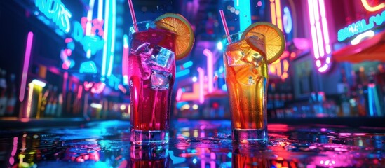 Futuristic colorful neon glowing cyberpunk bar with cocktails on the table. generative AI image