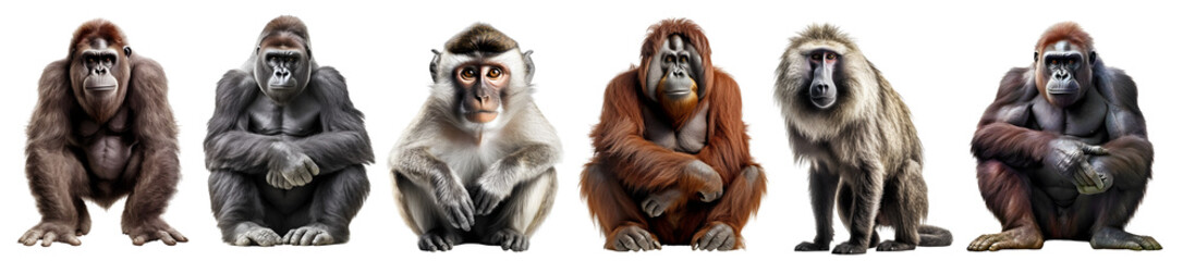 set of 6 ape monkey family, gorilla, apes, chimpanzee, baboon, orangutang, full body shot isolated o