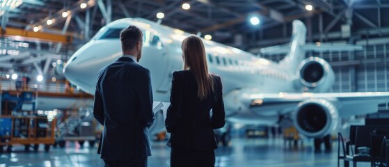 Wall Mural - Two engineers in hard hats looking at an airplane in a hangar.	