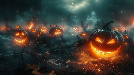 Wall Mural - In a dark and eerie autumn night shrouded in fog, glowing evil pumpkins cast an ominous glow, creating a haunting Halloween tableau..illustration