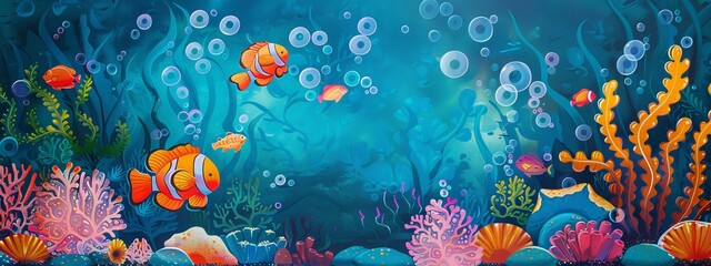 Wall Mural - A playful, under-the-sea background with fish, coral, and bubbles.