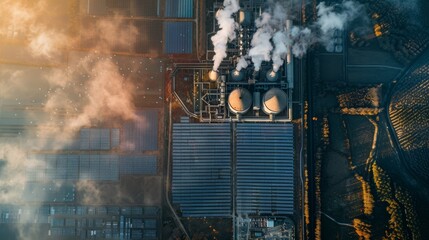 Poster - A power plant burning coal on one side, and a solar farm generating clean energy on the other.