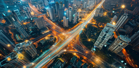 aerial view of a futuristic asian megacity at dusk, integrating sustainable energy solutions and sma